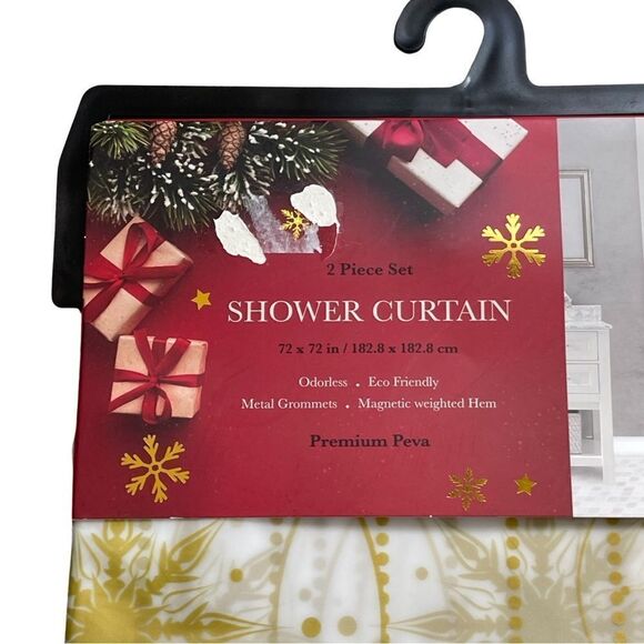 Shower Curtain 2 Piece Set Gold Metallic Holiday Ornaments Vinyl 72x72” NWT - Picture 3 of 10